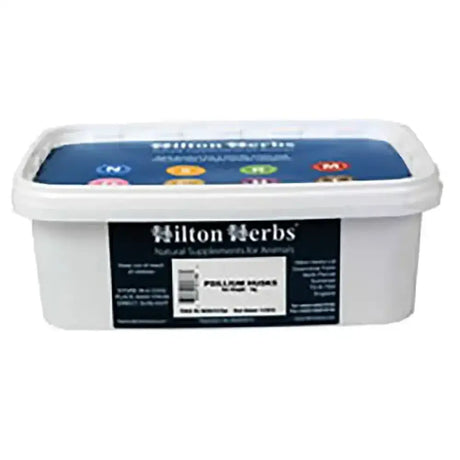 White plastic container with blue lid and black label of hilton herbs psyllium husks containing 1kg pollen powder