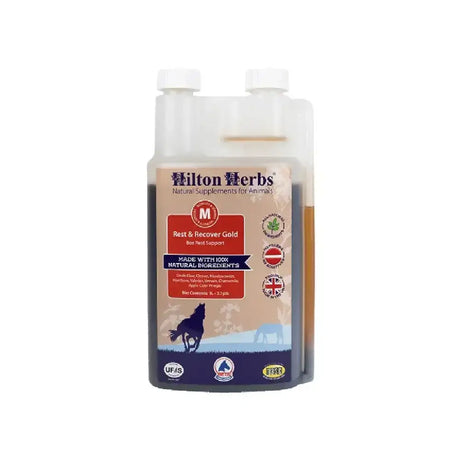 A clear plastic bottle with a white cap labeled hilton herbs rest recover gold formulated for initial turnout periods in animal supplements