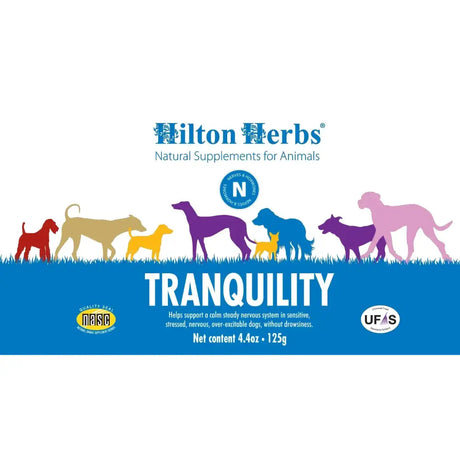 Hilton herbs tranquillity tub for dogs in blue and white packaging with colorful dog silhouettes for hyperactive pets