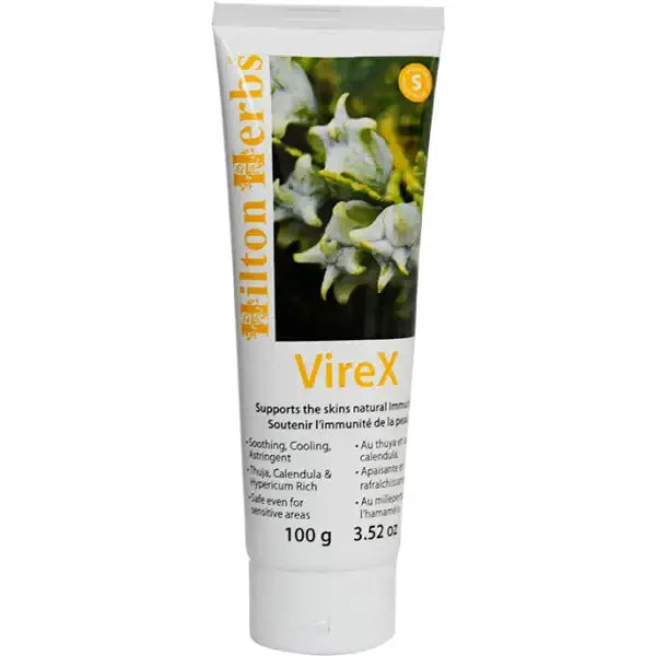 White tube of hilton herbs virex 100g soothing cooling topical gel for viral skin conditions external application