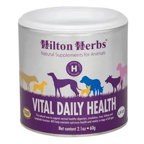 A cylindrical white and purple container of hilton herbs vital daily health with colorful animal silhouettes on the label