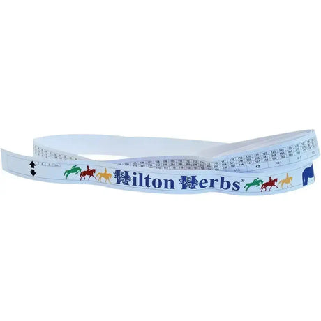 White flexible hilton herbs weigh tape with colorful horse and rider illustrations for calculating feed accurately