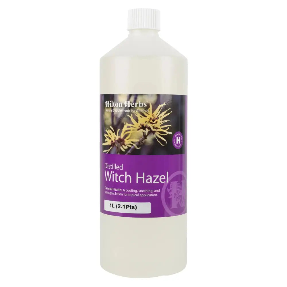 A 1-liter white plastic bottle of hilton herbs witch hazel distilled with a purple label and yellow flowers for bathing minor wounds