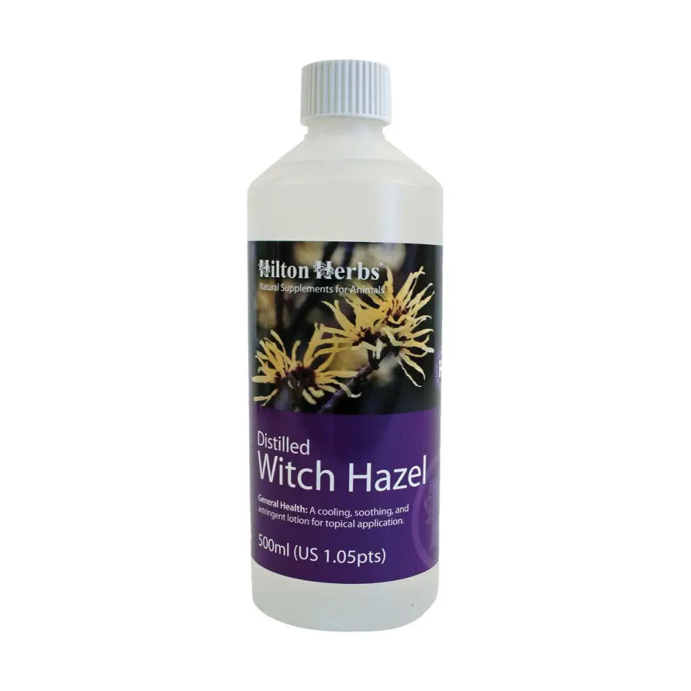 A clear plastic bottle of hilton herbs witch hazel distilled with a white cap and yellow flowers for cooling witch hazel use