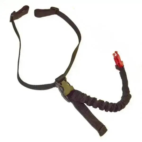 Black elasticated bungee lanyard all-in-one strap with red clip and olive buckle for hit-air air jacket use
