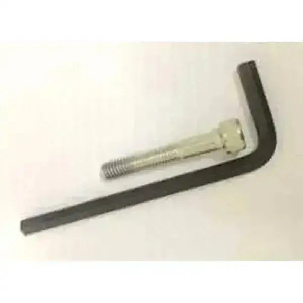 Black l-shaped hex key beside silver hit-air replacement bolt with threaded shaft for air jackets maintenance