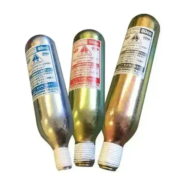 Three metallic hit-air replacement canisters with white caps labeled 48cc 50cc and 60cc for air replacement use