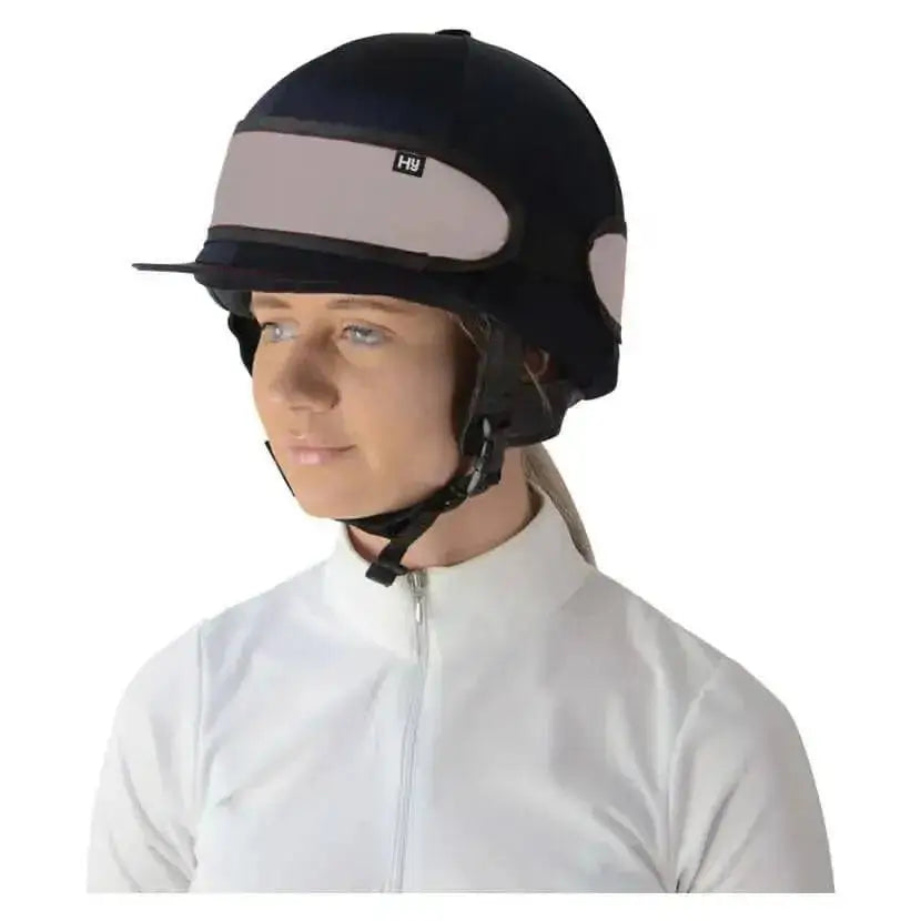 Black equestrian helmet cover with light gray silva flash reflective stripe and hu logo hiviz silva flash hat band