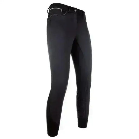 Black hkM softshell riding breeches with silicone full seat insulated and dirt resistant with subtle stitching details