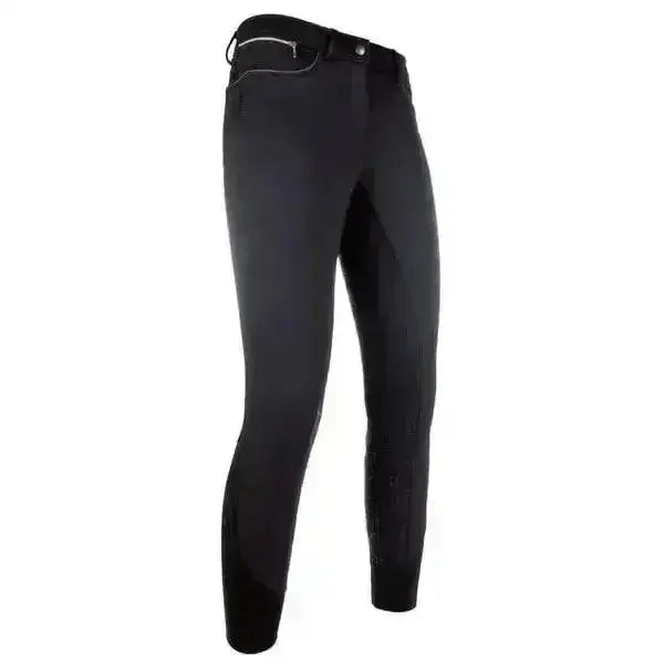Black hkM softshell riding breeches with silicone full seat insulated and dirt resistant with subtle stitching details
