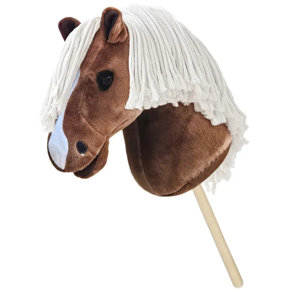 Brown plush hobby horse bingo with white fringe mane and wooden stick handle hand stuffed hobby toy