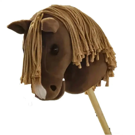 Brown plush hobby horse jackpot with tan yarn mane white muzzle hand stuffed hobby for imaginative play on wooden stick