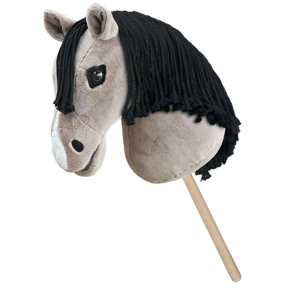 A plush gray hobby horse puffin with black corded mane and wooden stick handle hand stuffed hobby toy