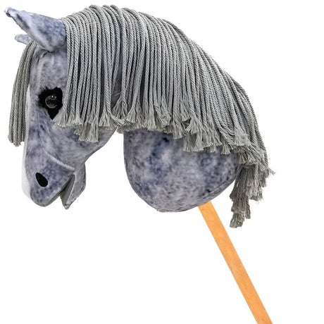 Gray hand stuffed hobby horse thomas with textured rope-like mane and wooden stick handle for kids play