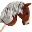 Brown plush hobby horse tonto with white fringe mane and wooden stick handle hand stuffed hobby toy