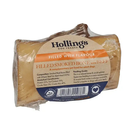 Hollings filled bone with delicious beef filling wrapped in clear plastic showing natural air dried smoked surface