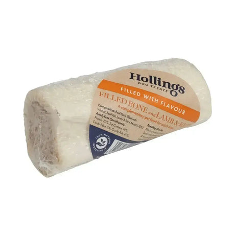 Hollings filled bone lamb and rice air dried dog treat wrapped in clear plastic with orange beige label