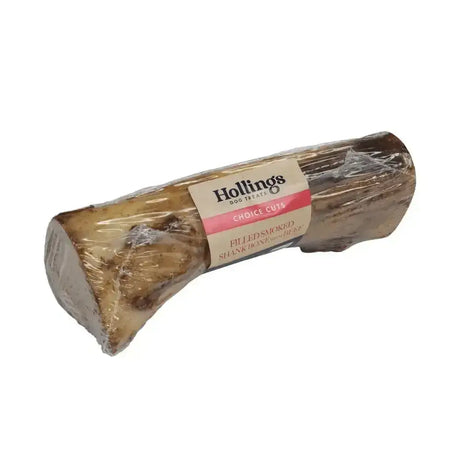 Hollings filled smoked bone chew toy with delicious beef filling wrapped in clear plastic with choice cuts label