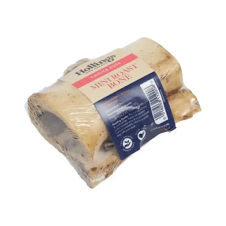 Hollings mini roast bone packaged in clear plastic with beige and navy label perfect for a longer lasting chew