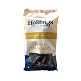 A 1kg bag of hollings pork sausages in a white and blue pouch with gold lettering made from carefully sourced quality pork