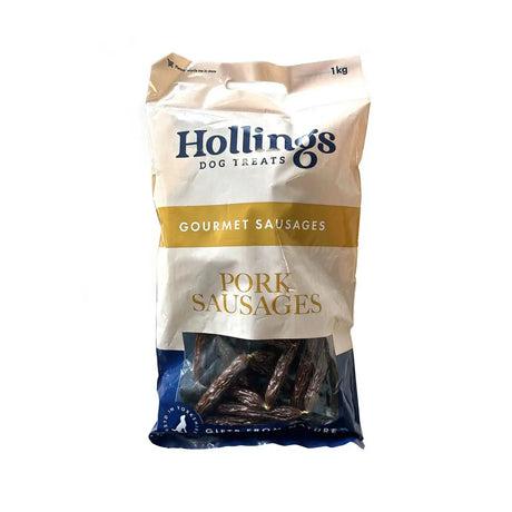 A 1kg bag of hollings pork sausages in a white and blue pouch with gold lettering made from carefully sourced quality pork