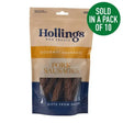 Hollings pork sausages handy sized sausages in a beige and blue resealable pouch with an orange stripe made from carefully sourced quality pork