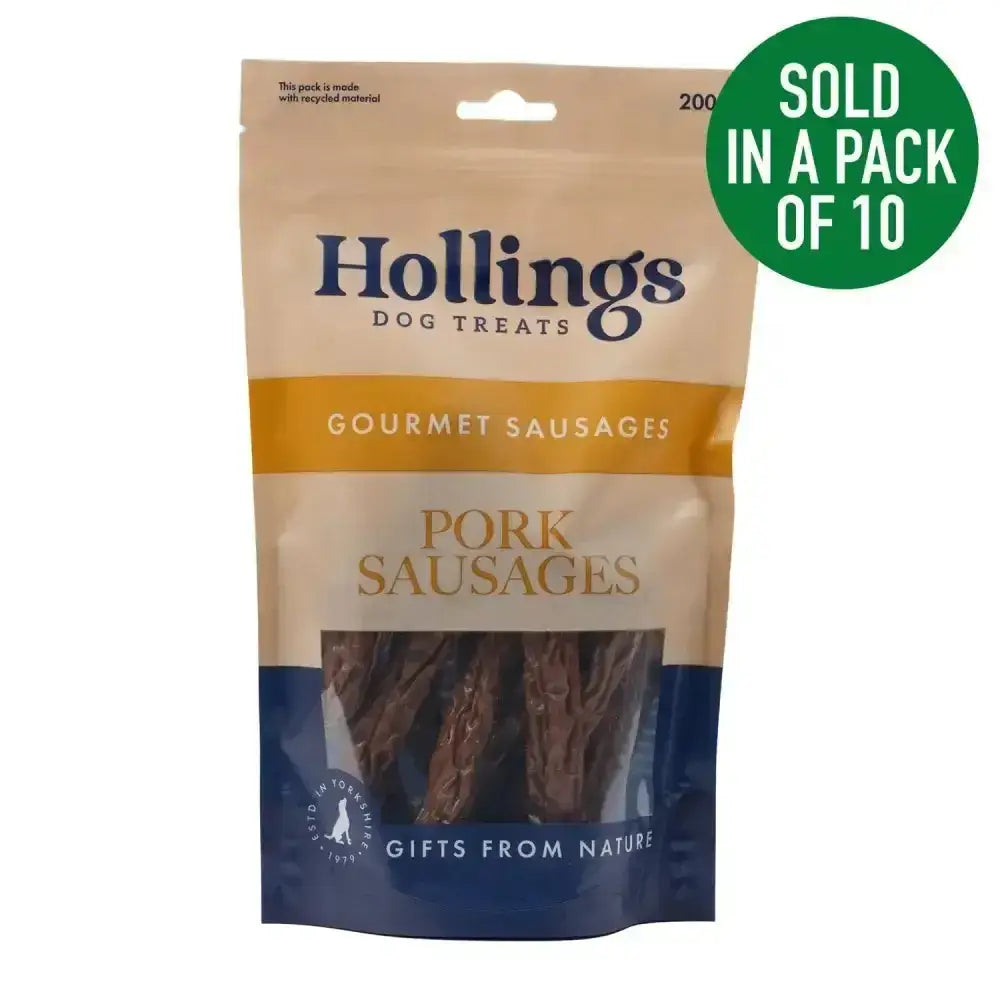 Hollings pork sausages handy sized sausages in a beige and blue resealable pouch with an orange stripe made from carefully sourced quality pork