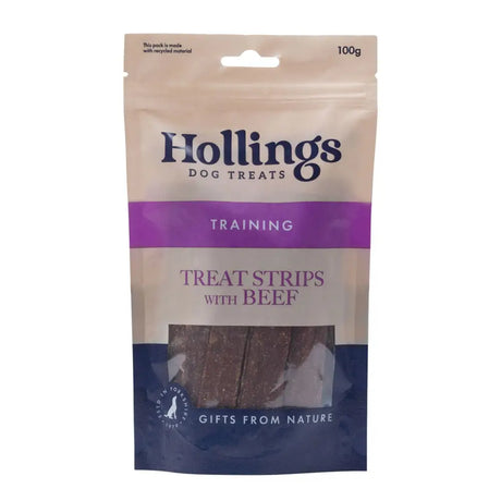 Hollings treat strips with beef 100g resealable beige and purple pouch of chewy simply air dried beef strips