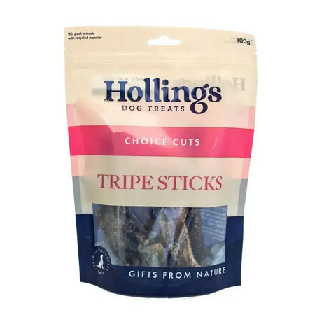 Hollings tripe sticks 100g resealable pouch with pure beef tripe high protein treat in cream pink and navy colors