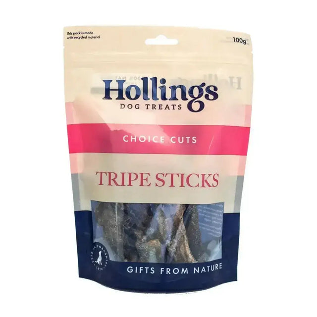Hollings tripe sticks 100g resealable pouch with pure beef tripe high protein treat in cream pink and navy colors