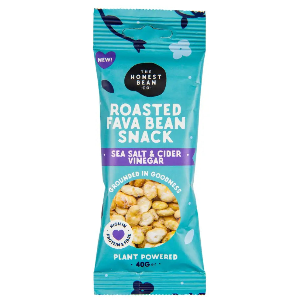 A turquoise packaged hand cooked honest bean co fava bean snack with a black logo and purple accents