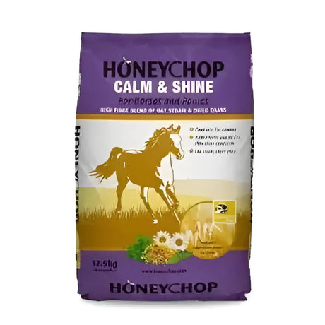 Purple and white bag of honeychop calm horse feed with limited controlled energy and digestible fibre for shine