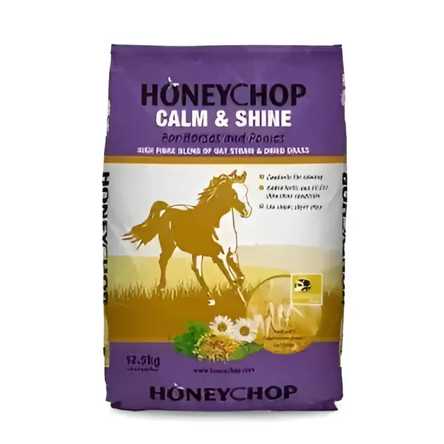 Purple and white bag of honeychop calm horse feed with limited controlled energy and digestible fibre for shine