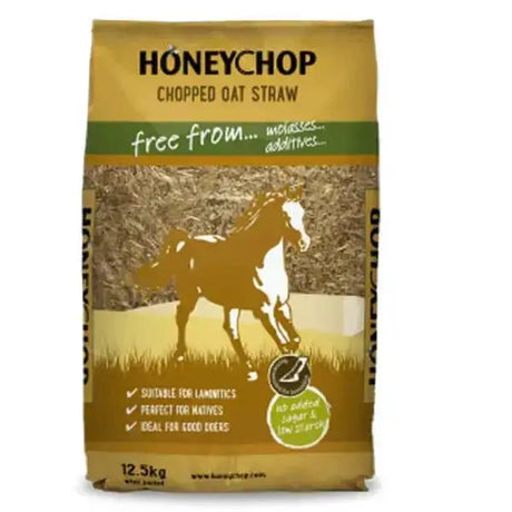 A 12.5kg bag of honeychop chopped oat straw feed with a golden yellow and green label featuring a horse illustration