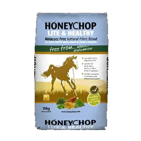 A 15kg bag of honeychop lite healthy horse feed with light blue beige design and brown horse illustration fiber feed