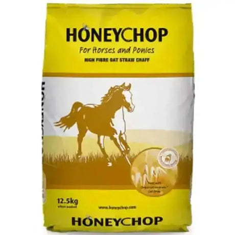 Yellow and white bag of honeychop original high fibre oat straw chaff horse feed 12.5kg for horses and ponies