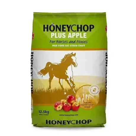 Green bag of honeychop plus apple horse feeds with great apple flavour and limestone flour featuring horse silhouette