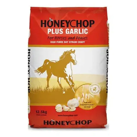 Red and white bag of honeychop plus garlic horse feed with golden running horse silhouette for equestrian use