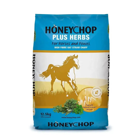 Blue and white honeychop plus herbs horse feed bag with golden running horse silhouette for fussy feeder oat straw chaff