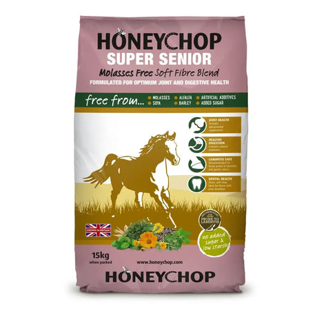 Pink and white bag of honeychop super senior horse feed with two horse silhouettes for senior horse feed use