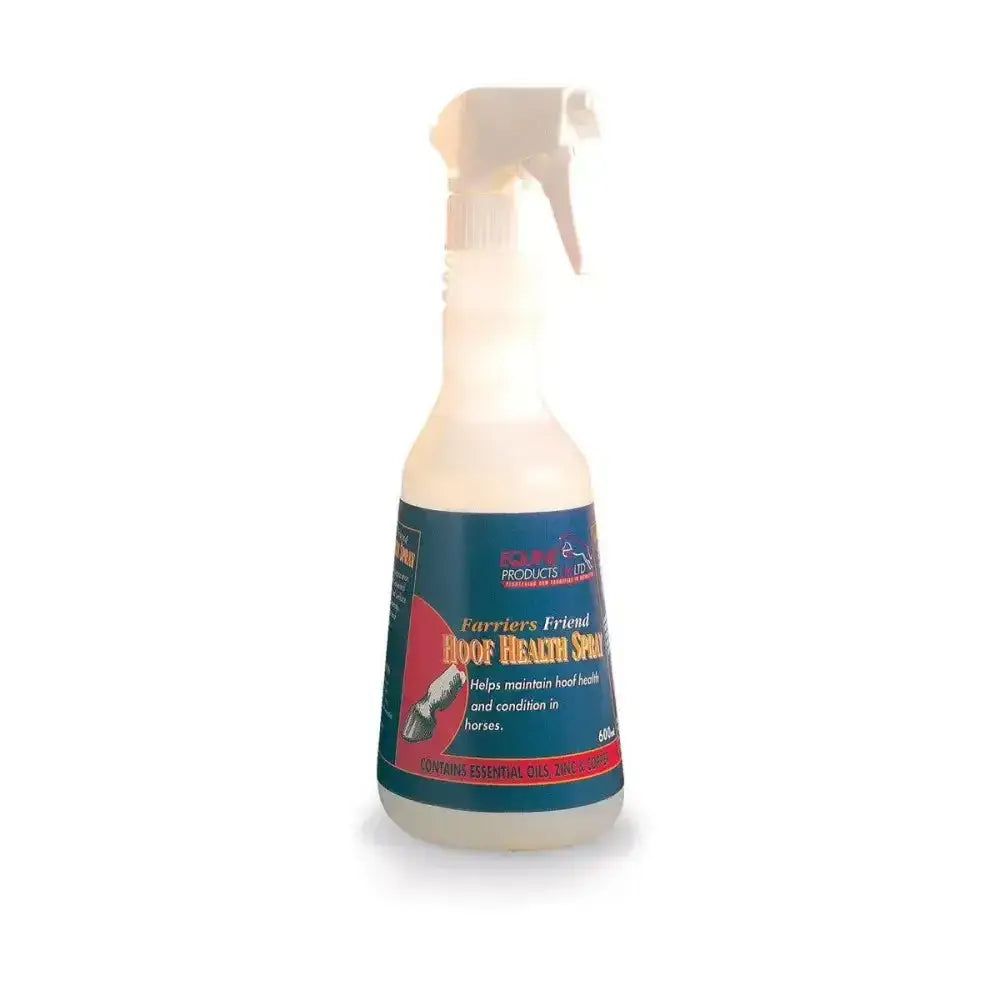 Clear plastic spray bottle with white nozzle labeled farriers friend hoof health spray to prevent sole and hoof ailments