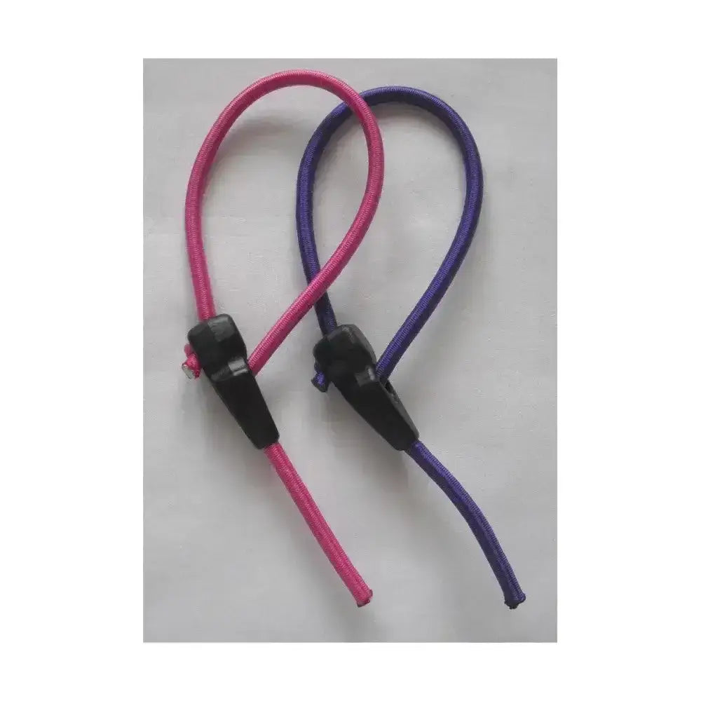 Pink and purple elastic quick release tether with black clips for horse halters hoof it quick clip