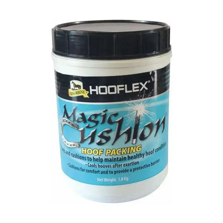 White plastic container with black lid and blue label of hooflex magic cushion support hoof health packing product