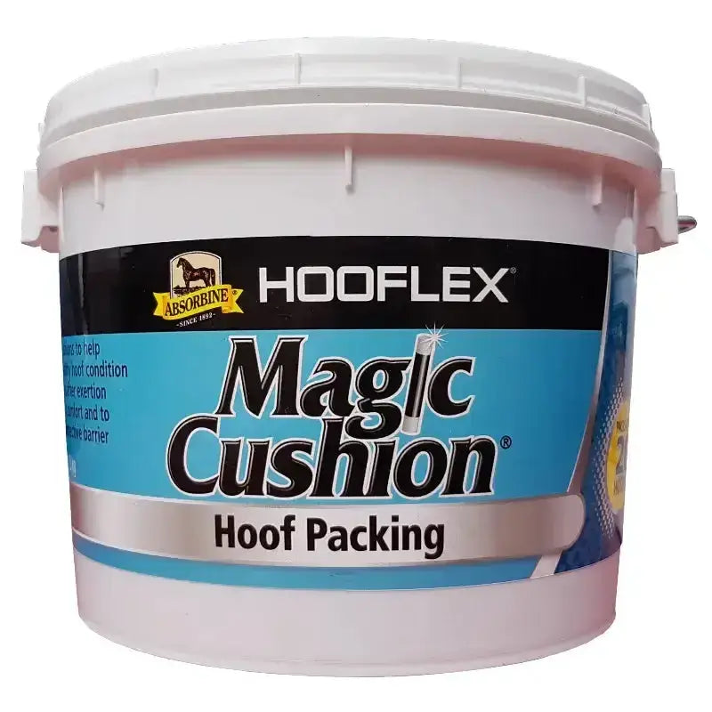 White plastic bucket with black and blue label showing hooflex magic cushion magic cushion® hoof packing for support hoof health