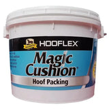White plastic bucket with black and blue label showing hooflex magic cushion magic cushion® hoof packing for support hoof health