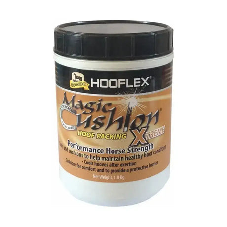 A white plastic container with black lid labeled hooflex magic cushion xtreme hoof packing in amber and orange text