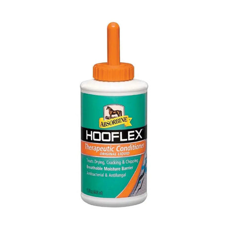 A white bottle of Absorbine hooflex original liquid conditioner with an orange cap and teal label for hoof dressings
