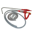 Red and gray hook doser drenching gun with long metal tube coiled transparent tubing and spring for dosing use
