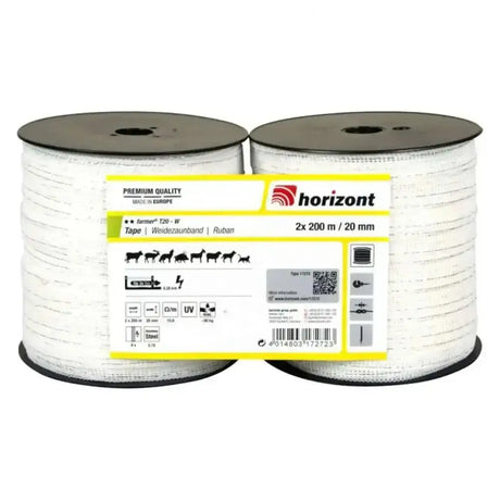 Two white horizon farmer t20-w electric fencing tape spools 20mm wide 200m long with conductivity electric fencing features