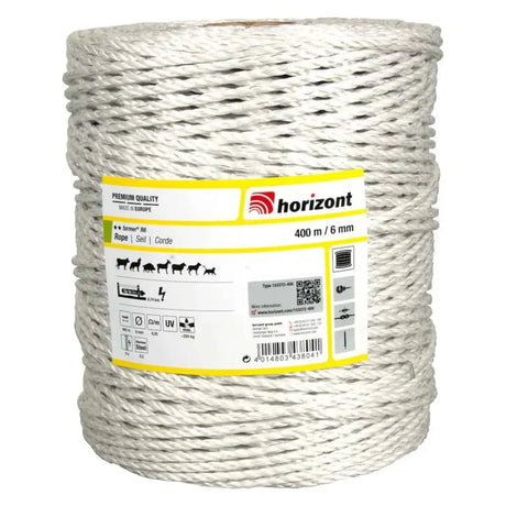A spool of white braided horizont pasture fence rope 400 meters long ideal for electric fencing tape use